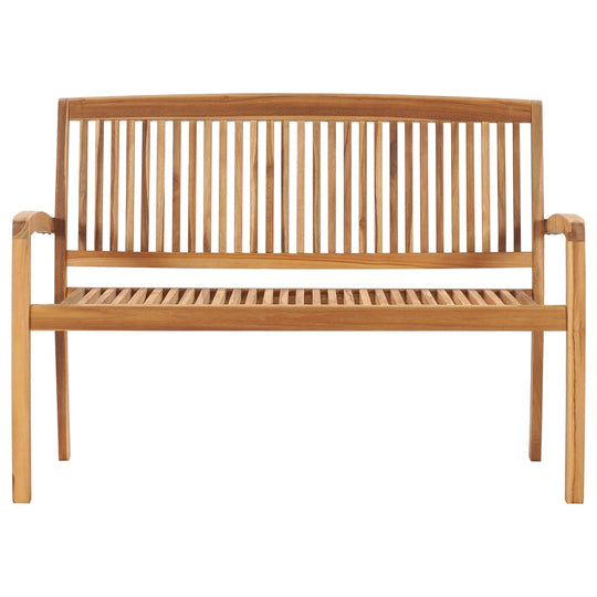 Stacking garden bench with cushion, 128.5 cm solid teak wood, featuring slatted design for outdoor use.