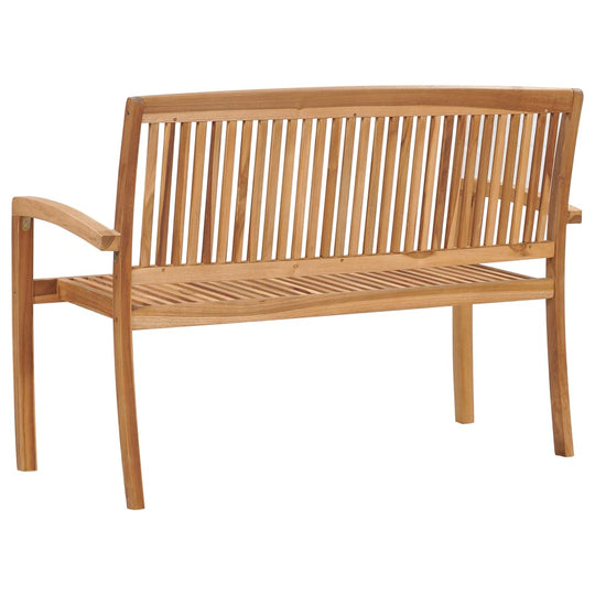 Stacking garden bench made of solid teak wood, showcasing a smooth finish and slatted design, ideal for outdoor spaces.