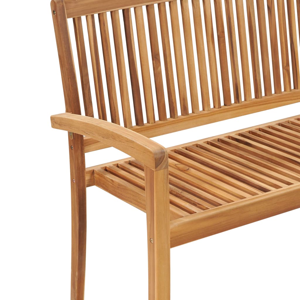 Close-up of a solid teak wood garden bench showcasing slatted design and smooth finish, ideal for outdoor settings.