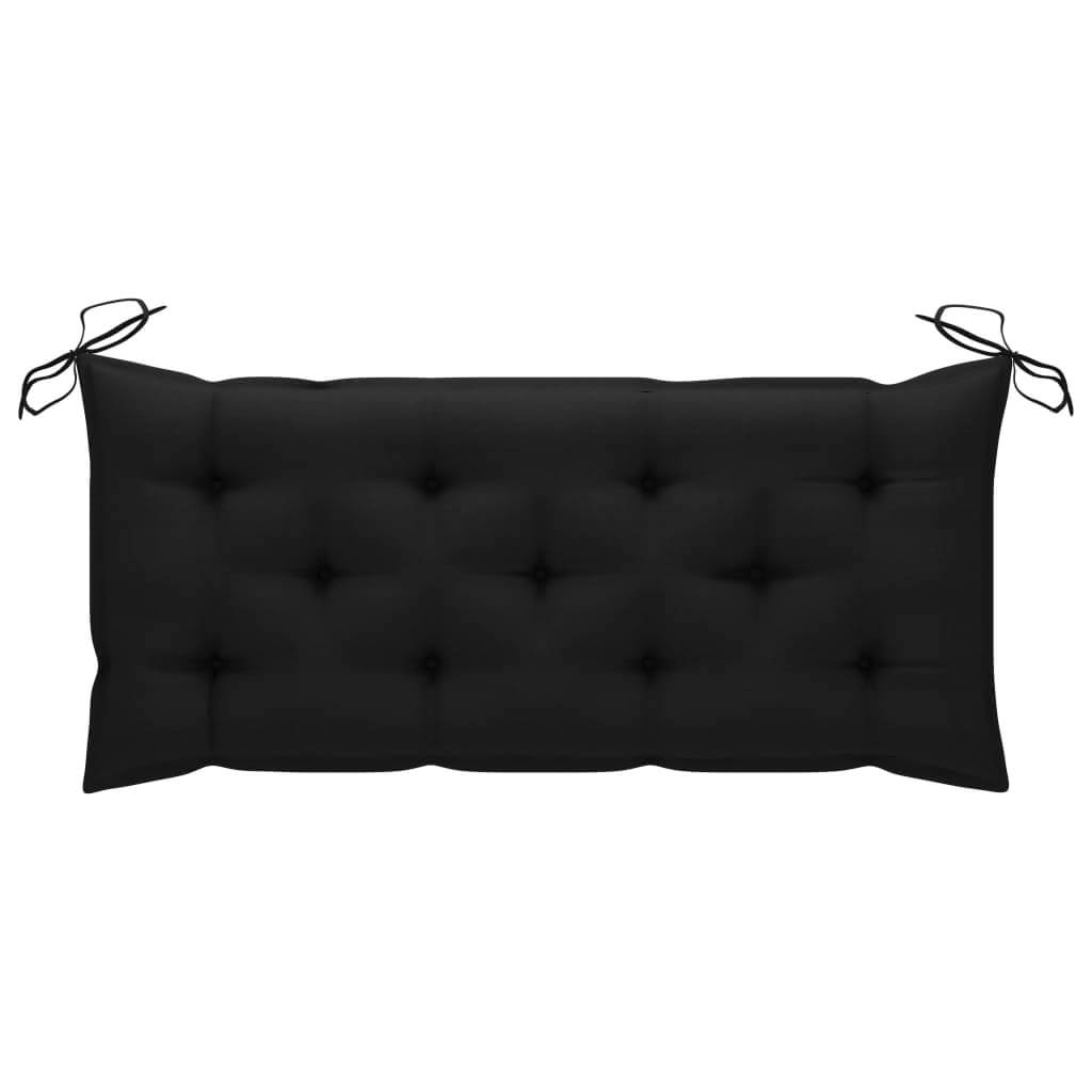 Soft black cushion for garden bench with ties, providing comfort and style for outdoor seating.