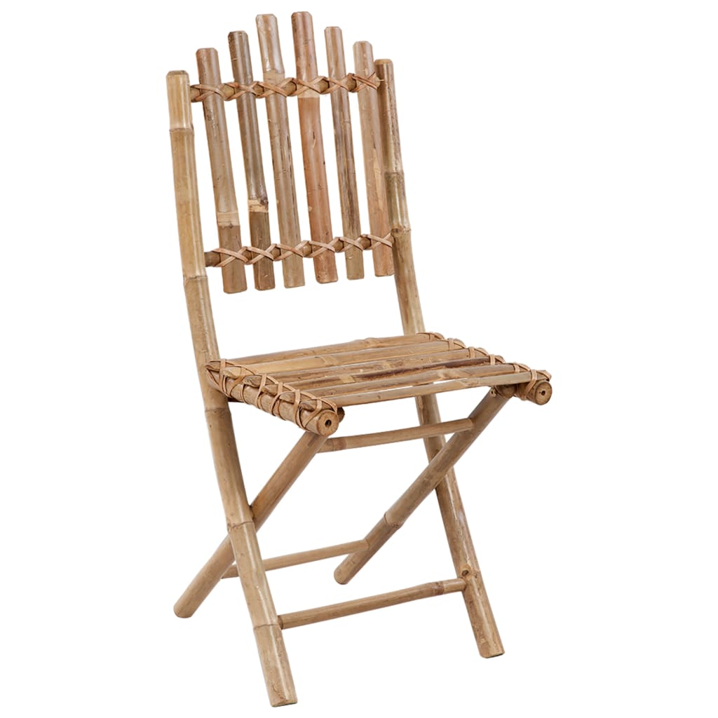 Folding bamboo garden chair with a slatted backrest for outdoor dining and relaxation.
