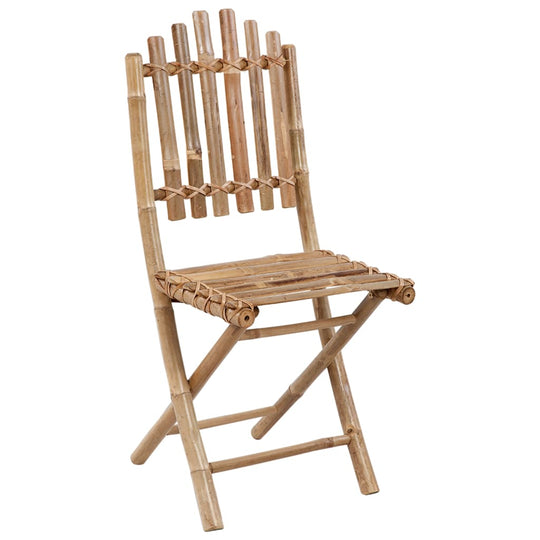 Folding bamboo garden chair with a slatted backrest for outdoor dining and relaxation.