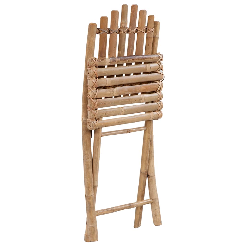 Foldable bamboo garden chair stored upright, showcasing its space-saving design and natural material.