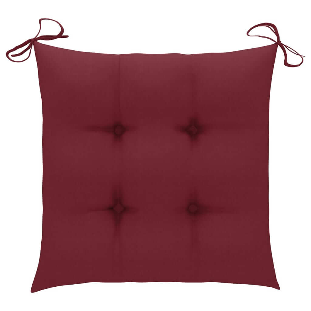 Red outdoor cushion with ties, designed for garden chairs or patio furniture, providing comfort and style.