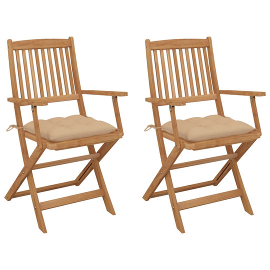 Folding garden chairs set of 2 with cushions, made of solid acacia wood, perfect for outdoor relaxation.