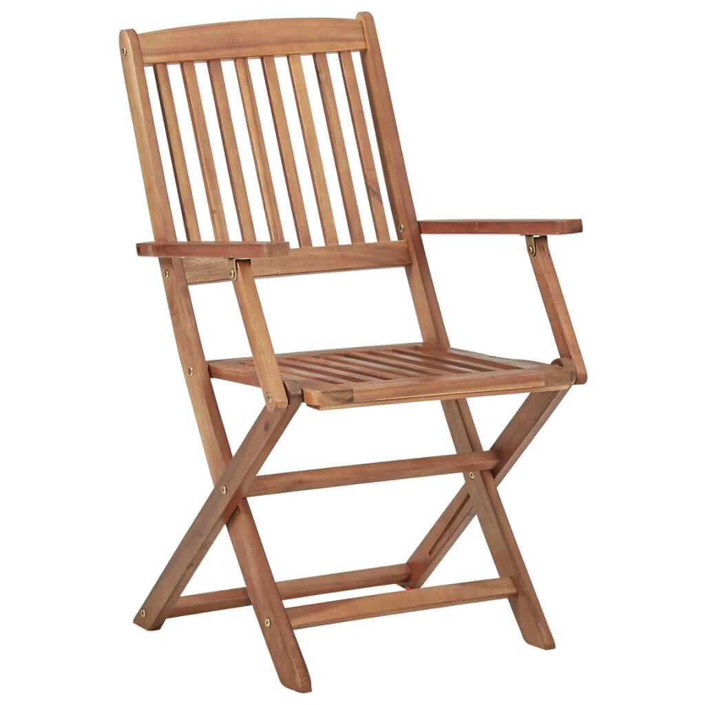 Solid acacia wood folding garden chair with slatted design and armrests, perfect for outdoor relaxation.