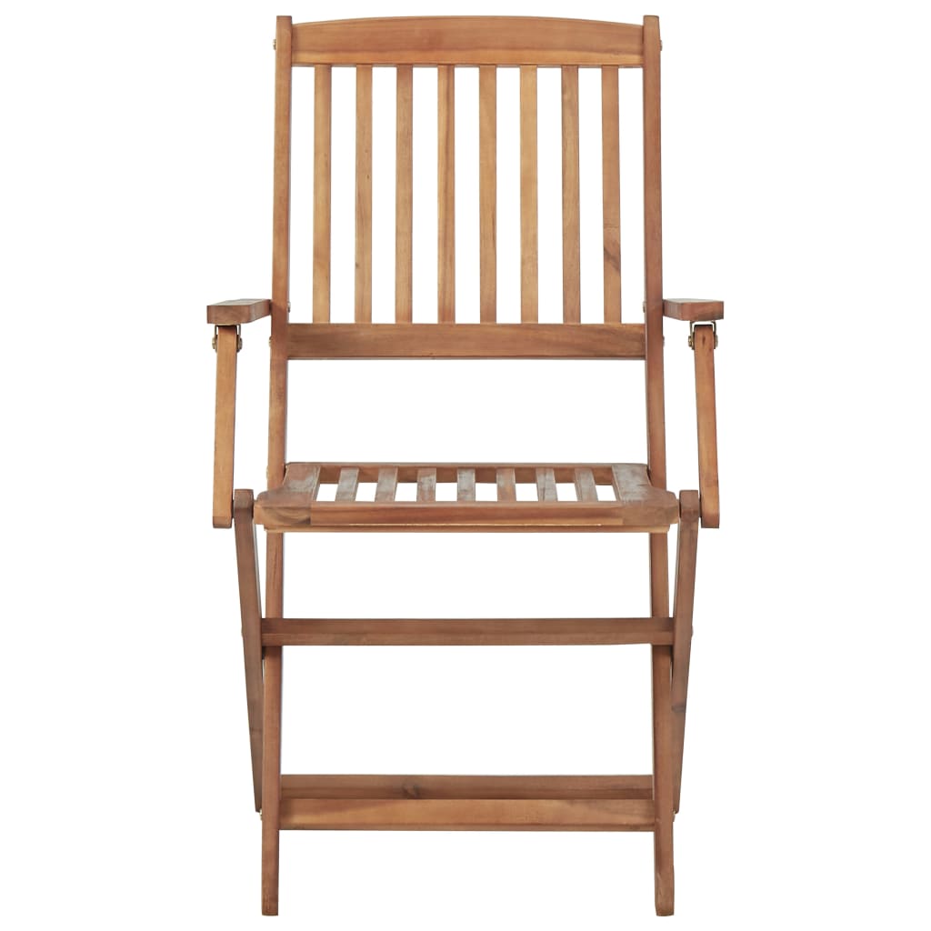 Solid acacia wood folding garden chair with armrests, designed for outdoor relaxation and stability.