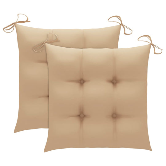 Two beige outdoor chair cushions with ties for added comfort and support on garden furniture.