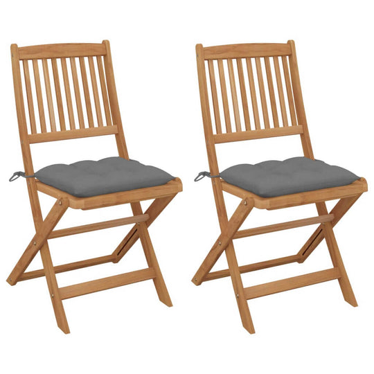 Folding acacia wood garden chairs with gray cushions, perfect for outdoor lounging and relaxation.