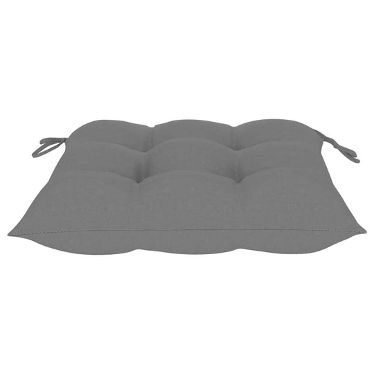 Grey cushioned seat pad with ties for outdoor folding chairs, ideal for comfort and support in garden or patio settings.