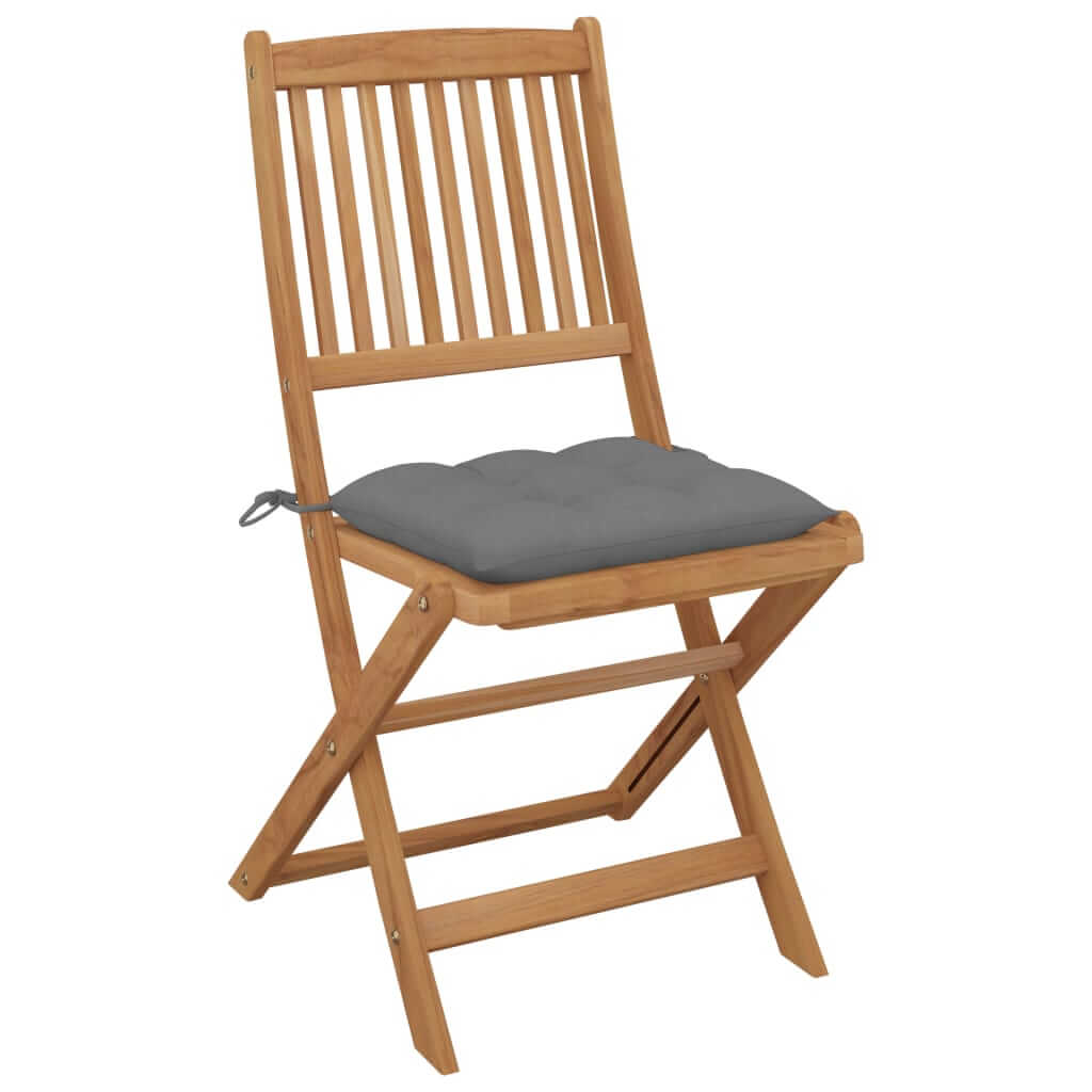 Folding acacia wood garden chair with grey cushion, perfect for outdoor relaxation and furniture aesthetics.