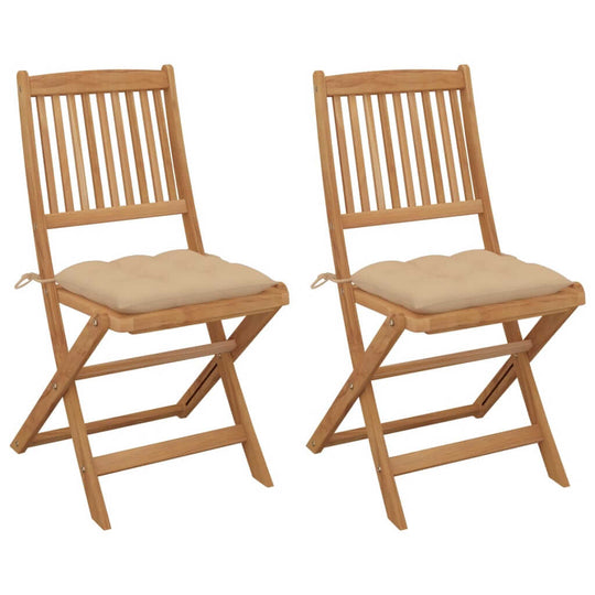 Folding garden chairs set of 2 made from solid acacia wood with beige cushions for outdoor relaxation.