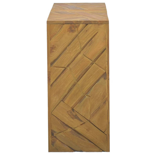 Solid teak wood console table with unique erosion finish and geometric pattern for stylish living room decor.