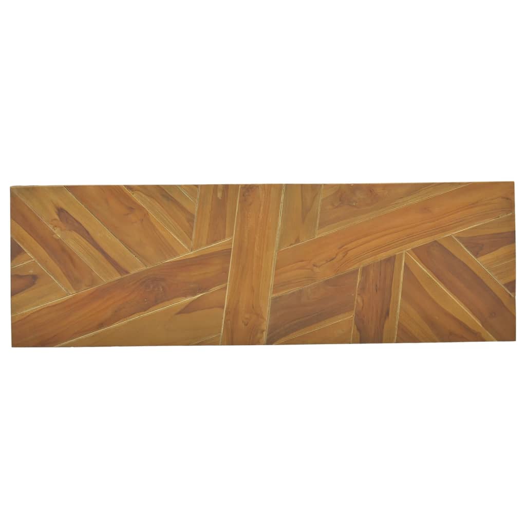 Solid teak wood console table surface showcasing a natural design with various shapes and a rustic finish.