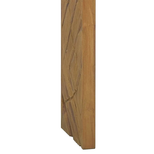 Detailed view of a solid teak wood console table leg showcasing natural texture and unique erosion finish.