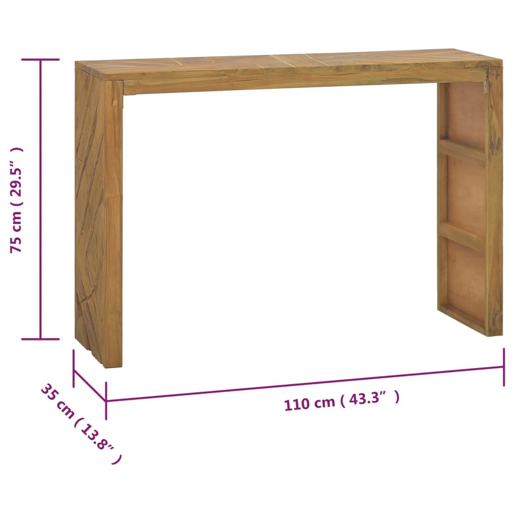 Solid teak wood console table dimensions 110x35x75 cm, ideal for living room or outdoor furniture use.