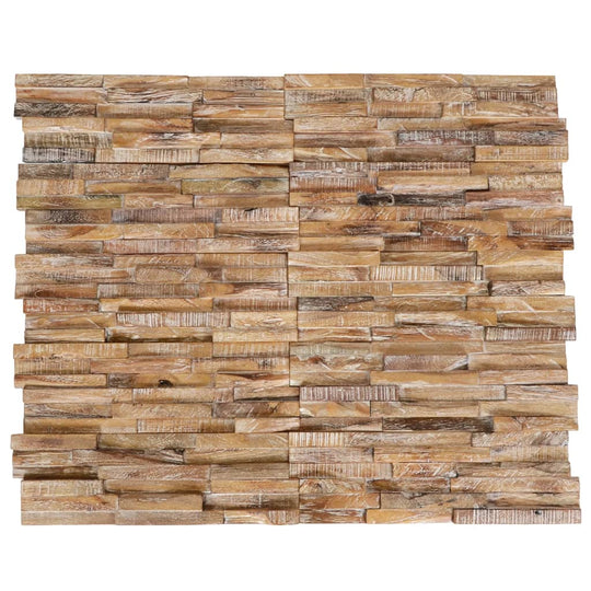 3D wall cladding panels in solid teak wood, featuring a rustic design with a whitewash finish for home decor.