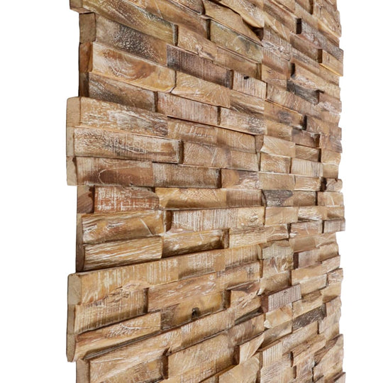 3D wall cladding panels made of solid teak wood with a weathered, natural look for rustic home decor.