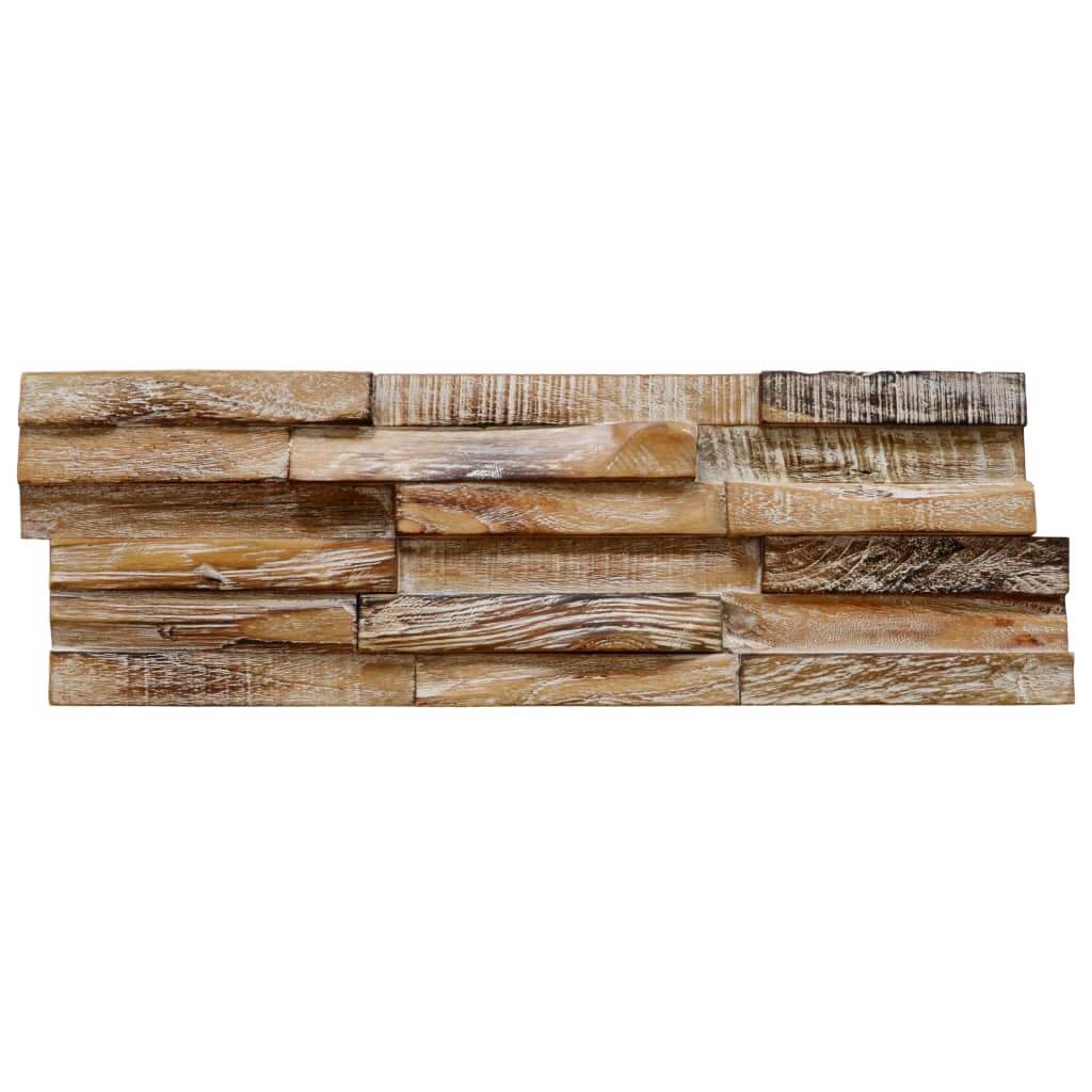 3D wall cladding panels made of solid teak wood in a weathered finish, ideal for decorative wall enhancements.