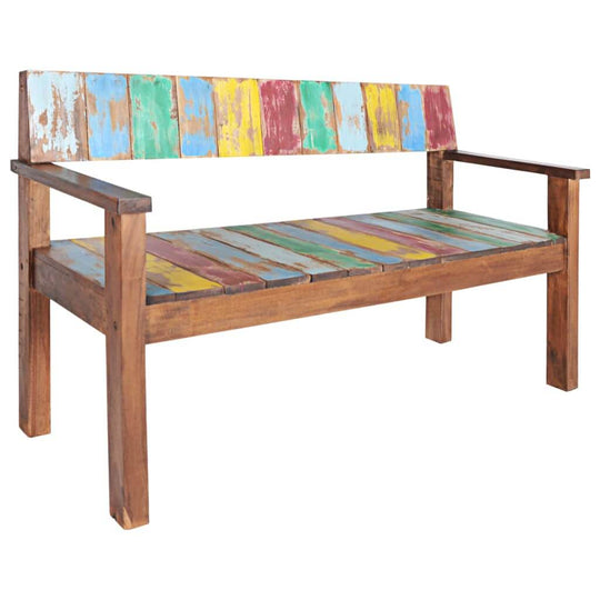 Vintage-style bench made from reclaimed wood with a colorful plank design, perfect for outdoor or lounge furniture.