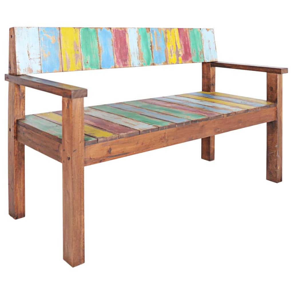 Vintage-style reclaimed wood bench with colorful slats, perfect for outdoor furniture and lounge areas.