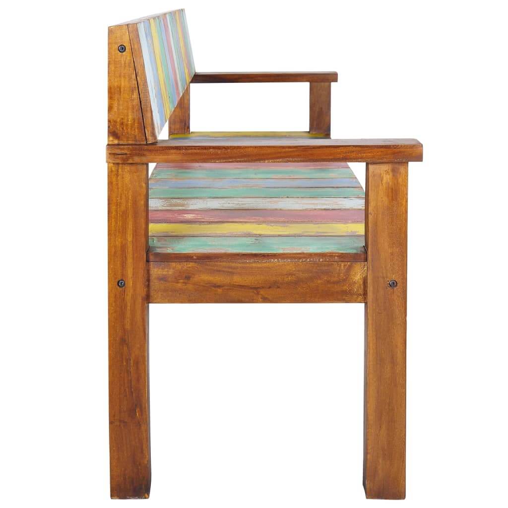 Side view of a vintage-style bench made from solid reclaimed wood with colorful striped seating, perfect for outdoor and lounge areas.