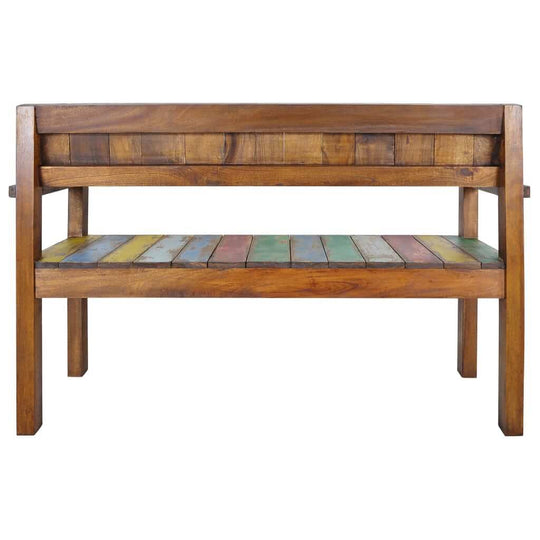 Vintage 115 cm reclaimed wood bench with colorful slatted seat, perfect for outdoor and lounge settings.