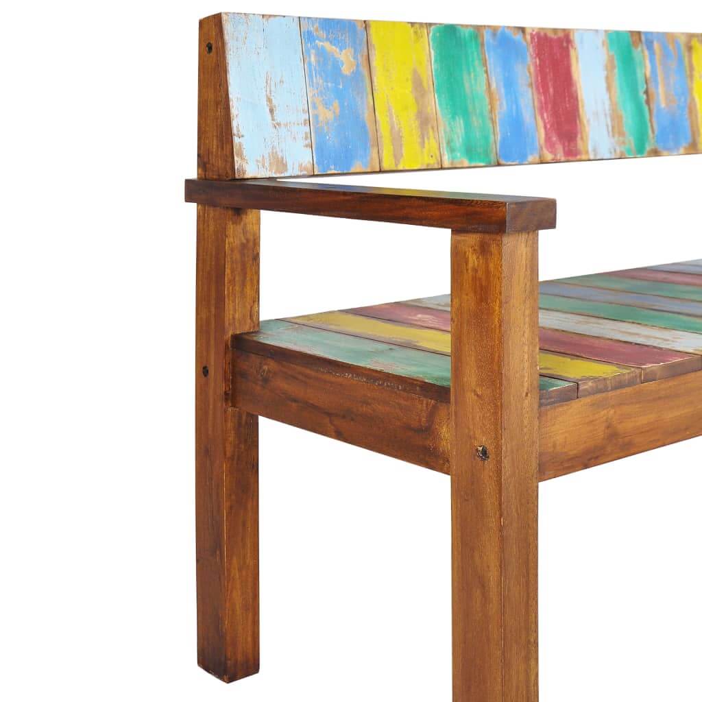 Vintage-style bench made from solid reclaimed wood with a colorful backrest and sturdy frame, ideal for outdoor furniture.