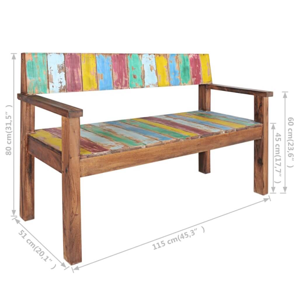 Vintage 115 cm solid reclaimed wood bench with colorful striped back, perfect for outdoor lounge and versatile furniture use.