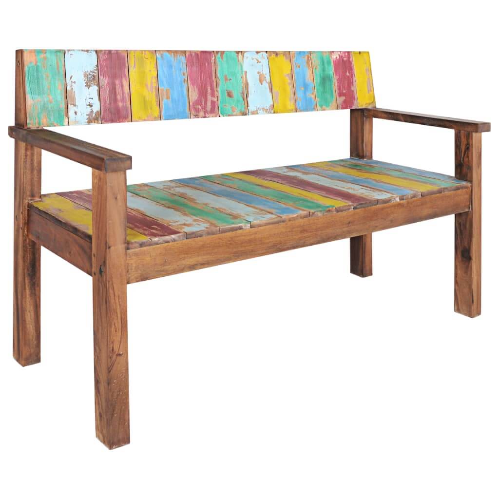 Vintage-style bench made of reclaimed wood with colorful planks, suitable for outdoor or lounge furniture.