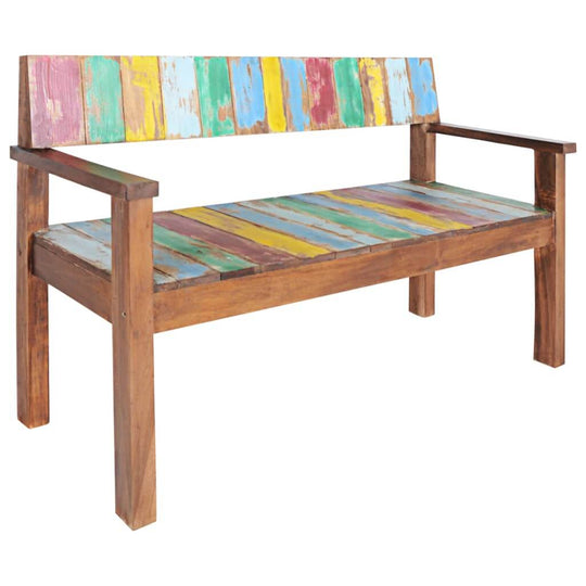 Vintage-style bench with colorful reclaimed wood seating and sturdy wooden frame, ideal for outdoor lounge use.