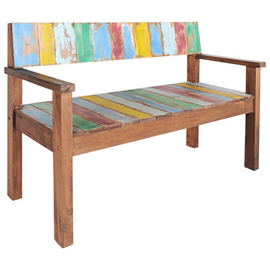 Vintage-style bench with colorful reclaimed wood slats and solid wood frame, ideal for outdoor and lounge furniture.