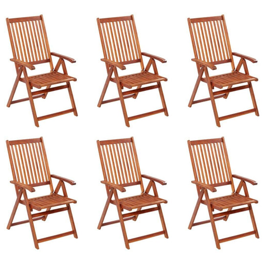 Set of 6 folding garden chairs made of solid acacia wood, featuring a vintage design and adjustable seating positions.