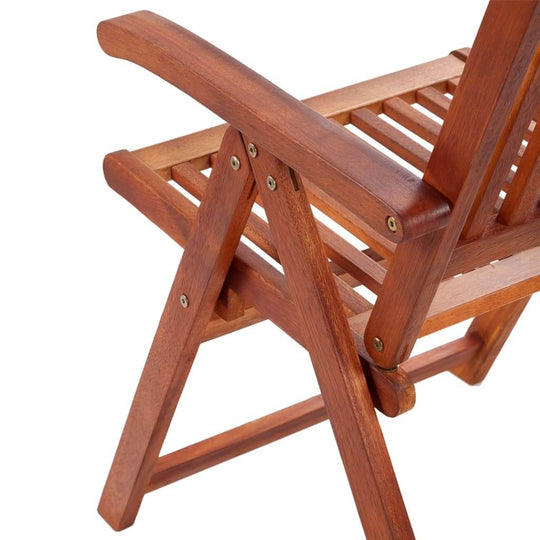 Wooden folding garden chair showcasing solid acacia wood construction and adjustable slatted back design.