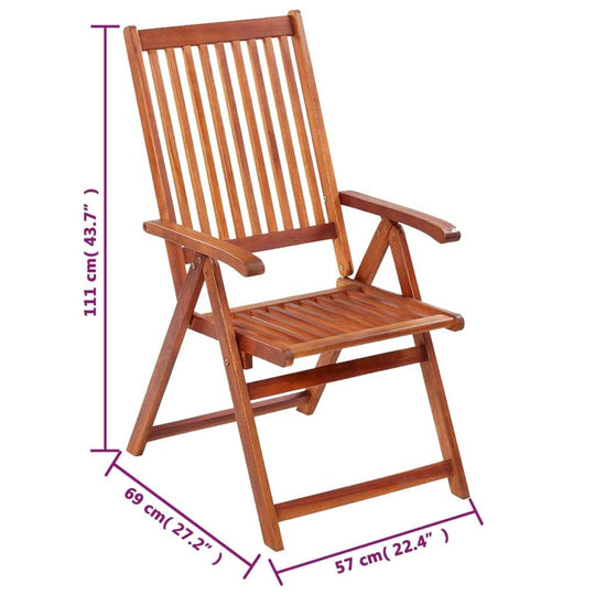 Folding garden chair made of solid acacia wood, adjustable to 5 positions, dimensions 111 cm height, 69 cm width, 57 cm depth.