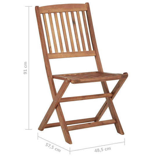 Folding garden chair made of solid acacia wood, featuring slatted design and dimensions 91 cm high, 57.5 cm wide, 48.5 cm deep.