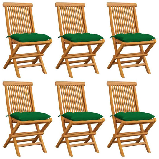 Garden Chairs with Green Cushions 6 pcs Solid Teak Wood