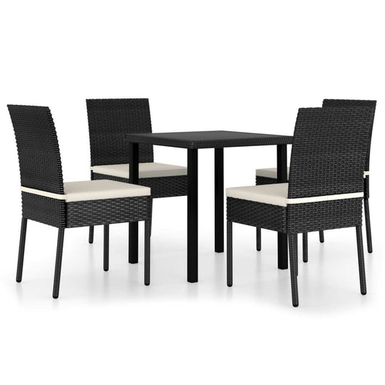 5 Piece Garden Dining Set Poly Rattan featuring a table and four chairs with cushions.
