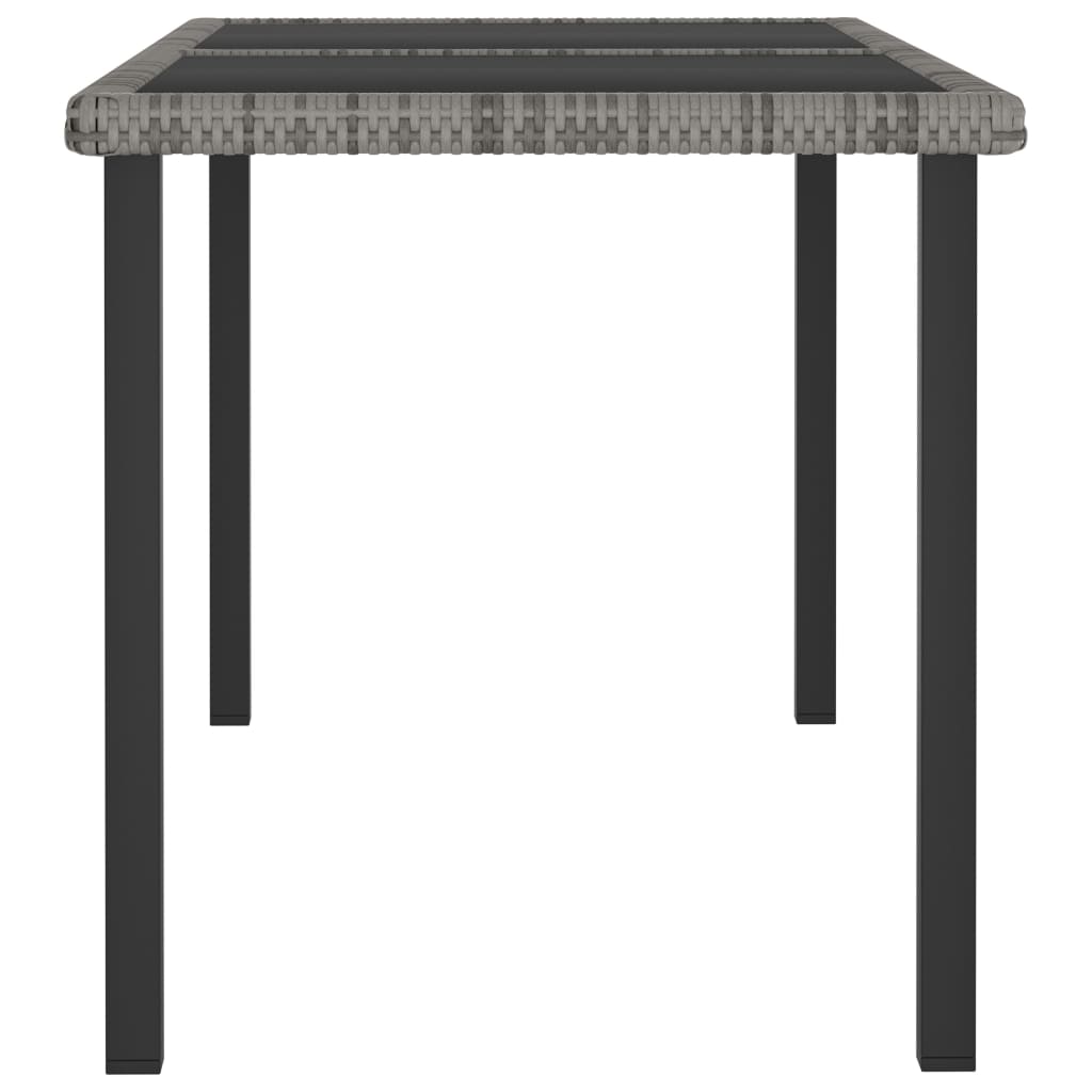 Garden dining table with grey poly rattan design and sturdy black steel legs, perfect for outdoor furniture settings.