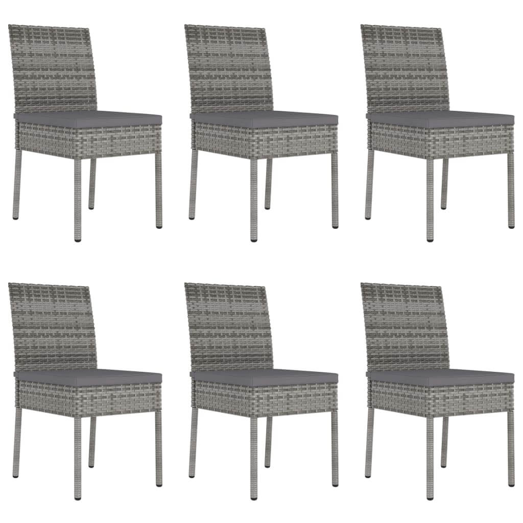 Set of six grey poly rattan dining chairs, perfect outdoor furniture for garden or patio use.