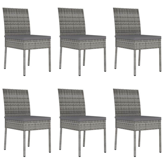 Set of six grey poly rattan dining chairs, perfect outdoor furniture for garden or patio use.