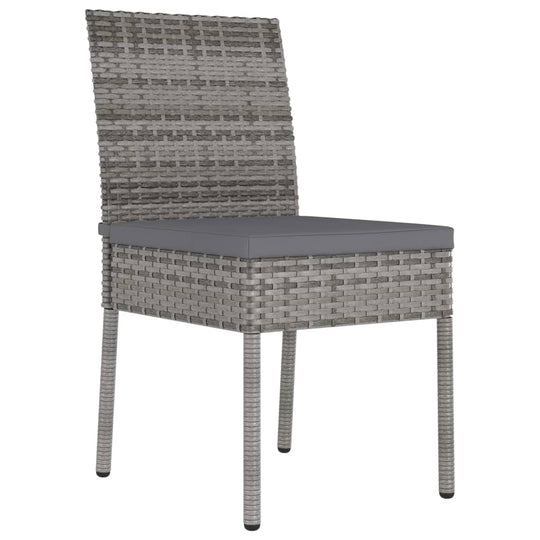 Grey poly rattan garden dining chair with padded seat, perfect for outdoor furniture setups in patios or gardens.