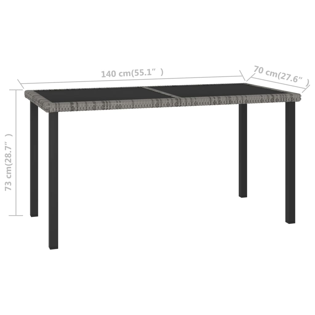 7 piece outdoor dining table with poly rattan top, dimensions 140x70 cm, sturdy black steel frame, ideal for garden furniture.