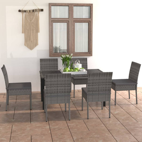 7 piece grey poly rattan garden dining set, featuring chairs and table, perfect outdoor furniture for patios.