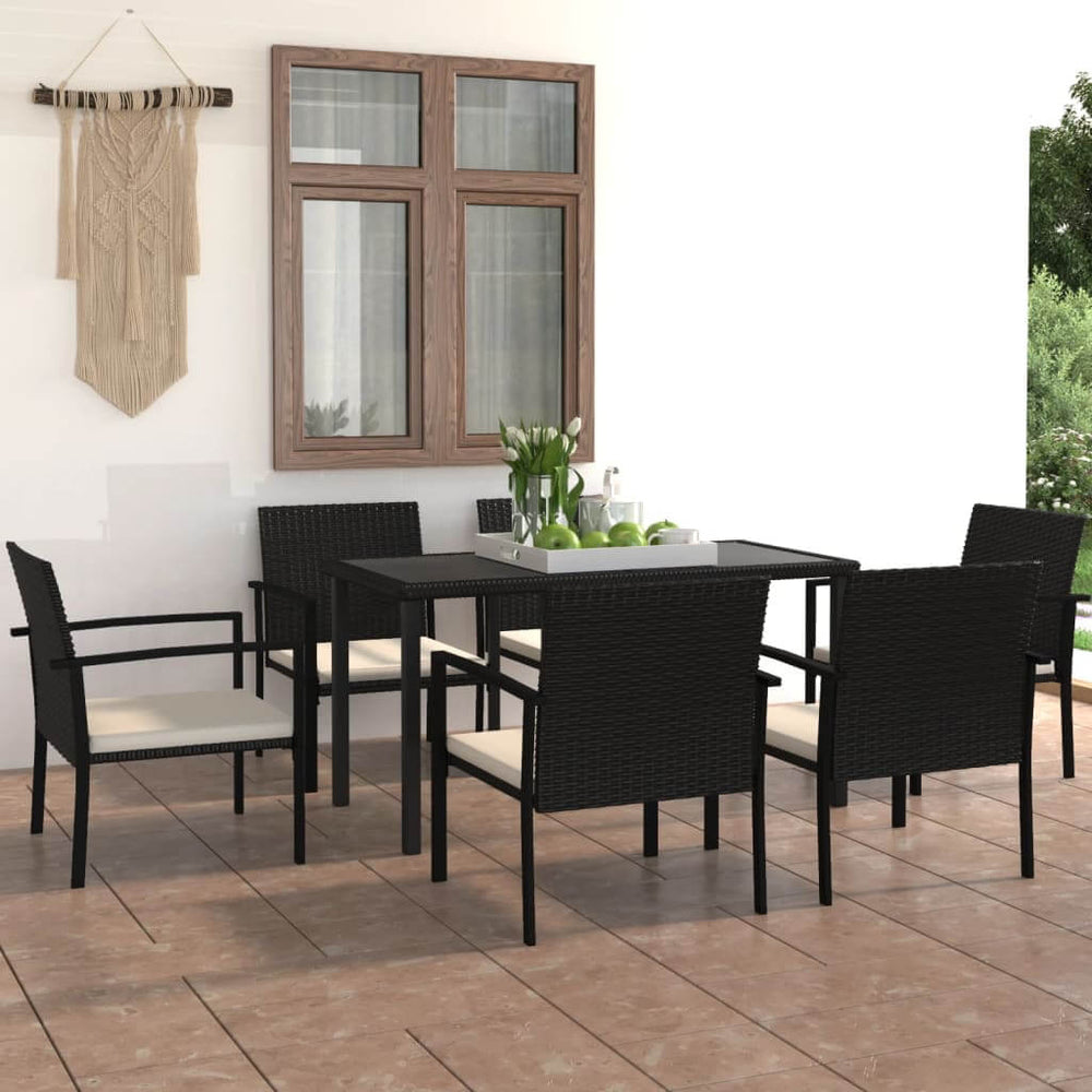 Outdoor 7 piece poly rattan garden dining set on patio with padded cushions, ideal for stylish and durable home garden furniture.