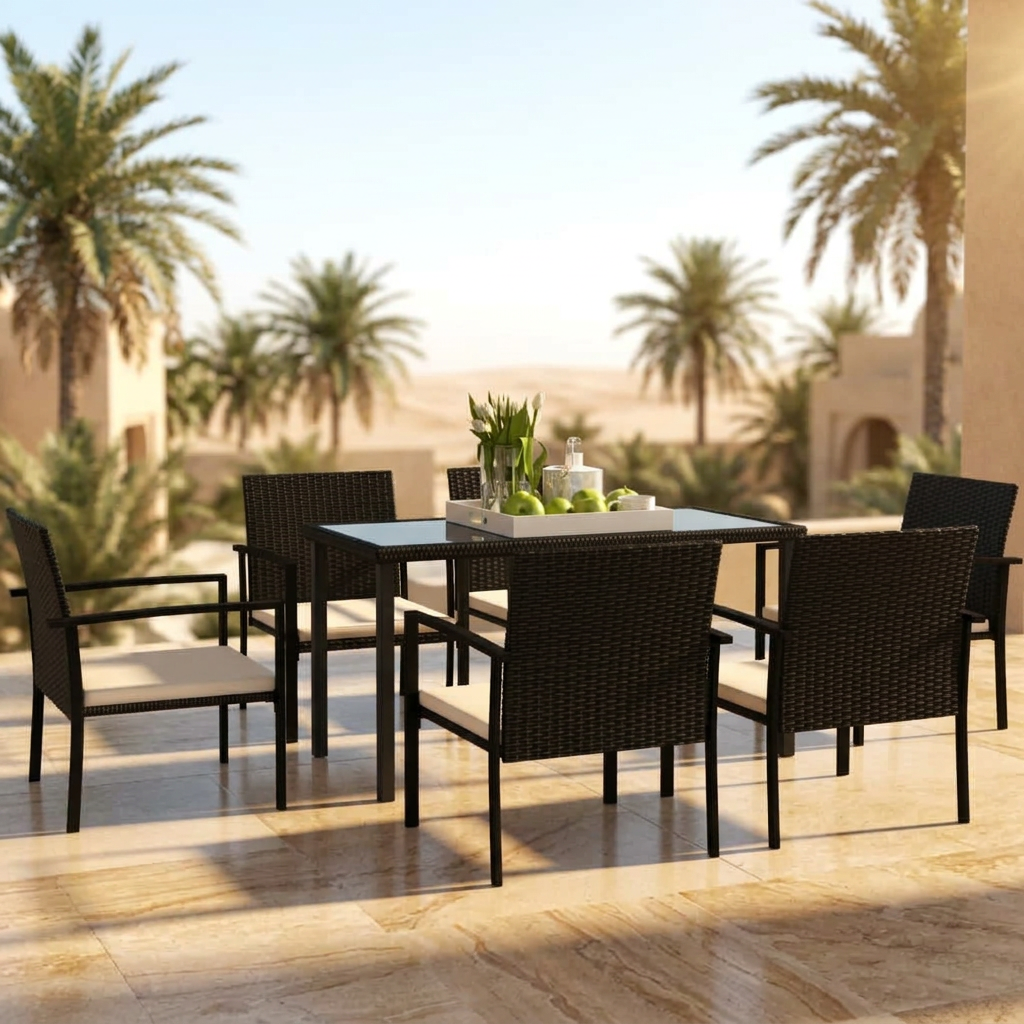 Outdoor 7 piece poly rattan garden dining set on patio with padded cushions, ideal for stylish and durable home garden furniture.