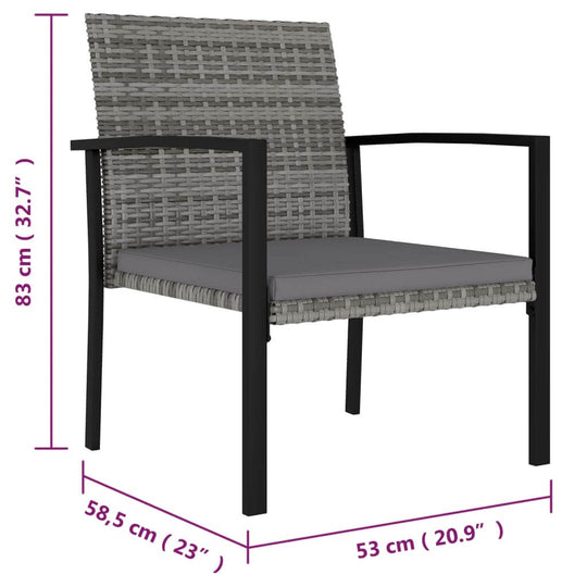 3 Piece Garden Dining Set Poly Rattan chair with gray cushion and steel frame dimensions 83 cm height and 58.5 cm width.