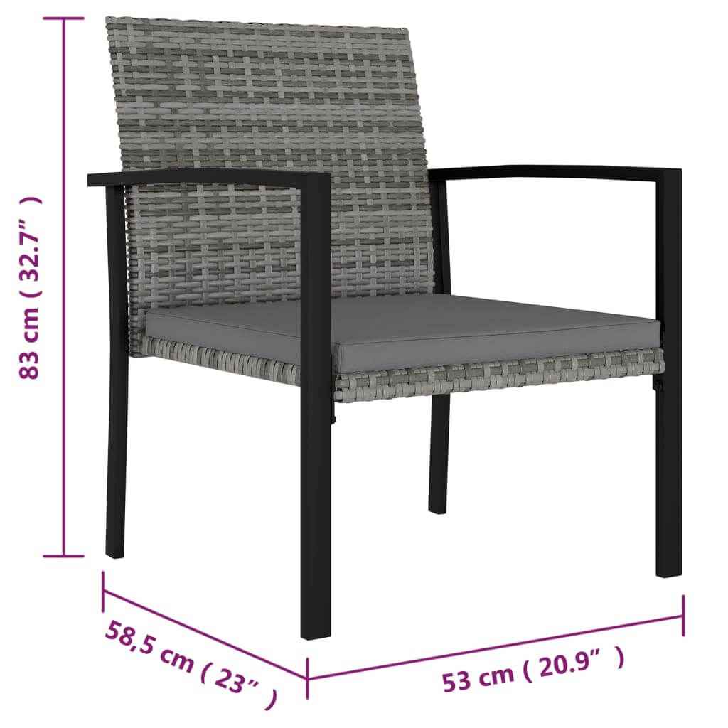 Grey garden dining chair with steel frame and padded seat, dimensions 83 cm high, 58.5 cm wide, 53 cm deep.