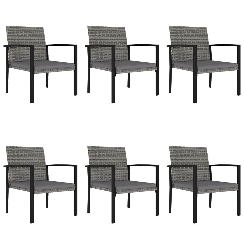 Set of six grey poly rattan garden dining chairs with sturdy steel frames and thick padding, perfect for outdoor use.