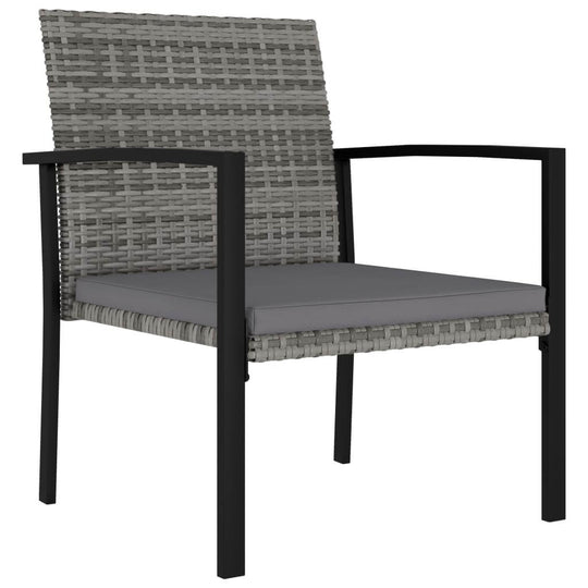 Grey poly rattan garden dining chair with padded seat and sturdy black steel frame for outdoor use.